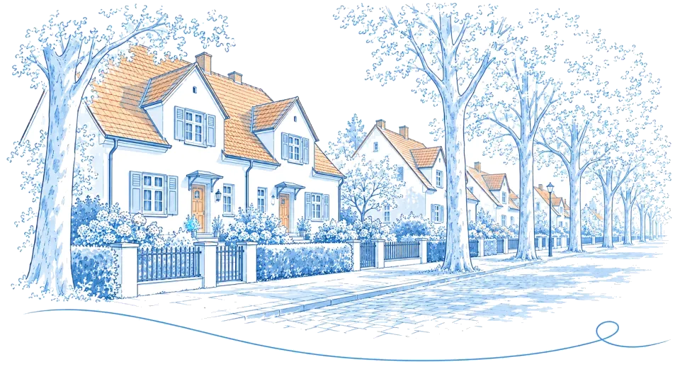 Illustration: Wohnstraße mit Einfamilienhäusern und Baumallee in Leegebruch