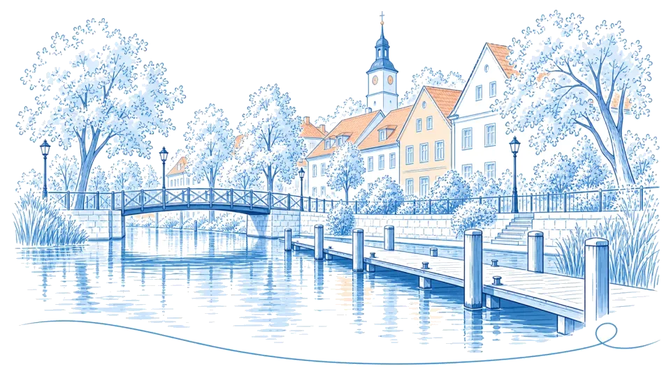 Illustration: Bootssteg und Holzbrücke am Kanal mit Kirchturm in Liebenwalde