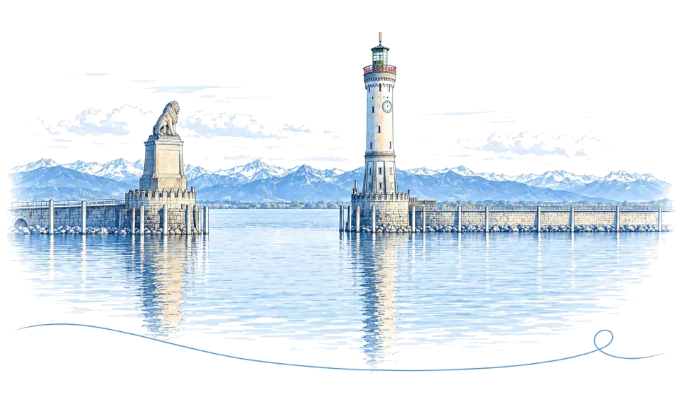 Illustration: Hafeneinfahrt mit Löwe und Leuchtturm in Lindau