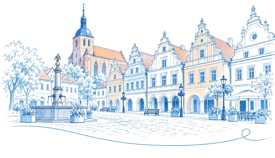 Illustration: Marktplatz mit Barockgiebelhäusern und Stadtkirche in Luckau
