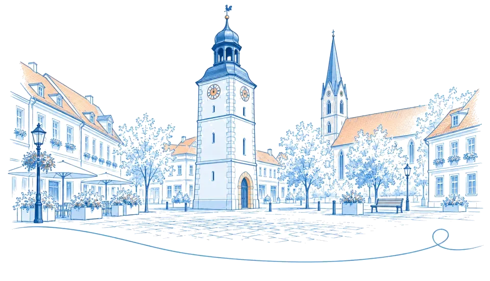 Illustration: Freistehender Uhrenturm am Markt mit Kirche in Luckenwalde