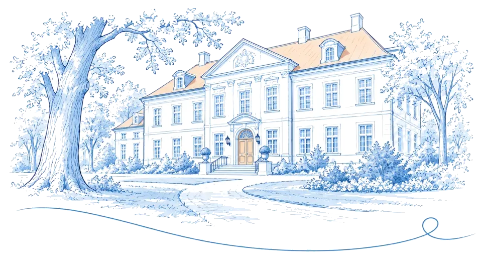 Illustration: Herrenhaus mit Freitreppe und Parkzufahrt bei Ludwigsfelde