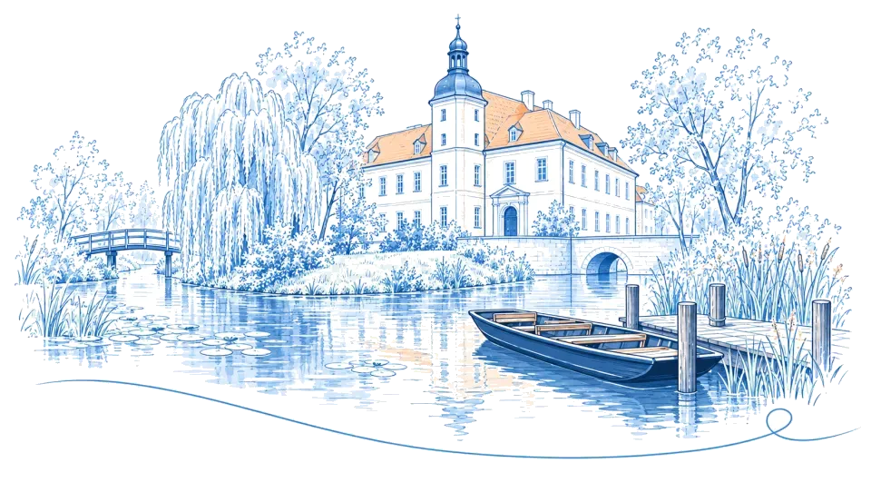 Illustration: Schloss mit Turm am Wasser, Kahn und Trauerweiden in Lübben (Spreewald)
