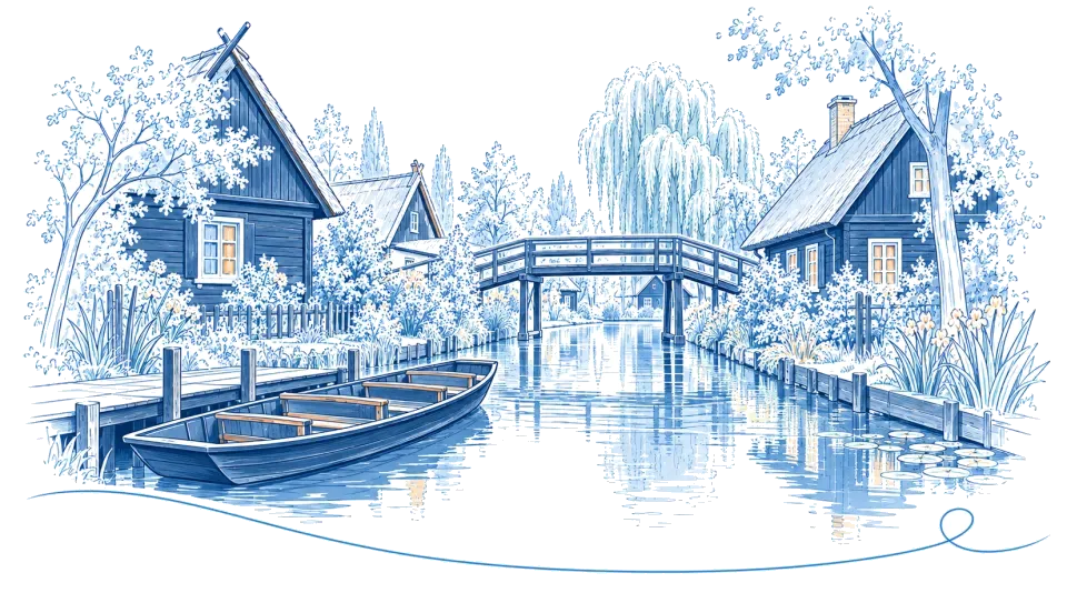 Illustration: Spreewald-Fließ mit Kahn, Holzhäusern und Holzbrücke in Lübbenau