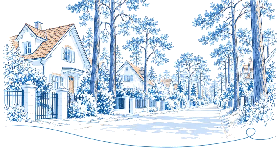 Illustration: Wohnstraße unter Kiefern in Michendorf