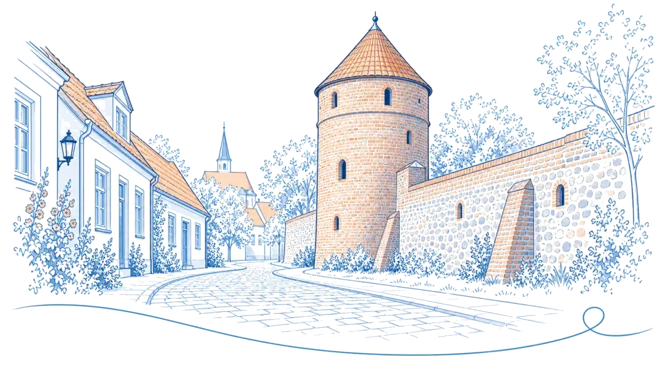 Illustration: Pulverturm und Stadtmauer in Mittenwalde