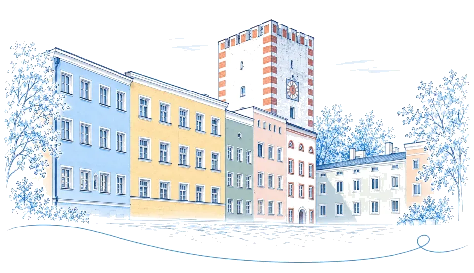 Illustration: Stadtplatz mit Nagelschmiedturm in Mühldorf am Inn