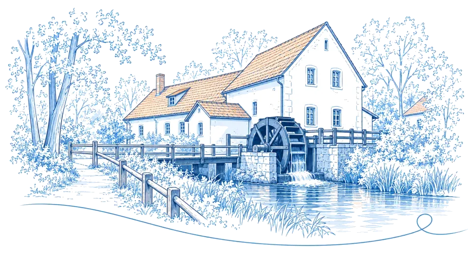 Illustration: Wassermühle mit Mühlrad im Mühlenbecker Land