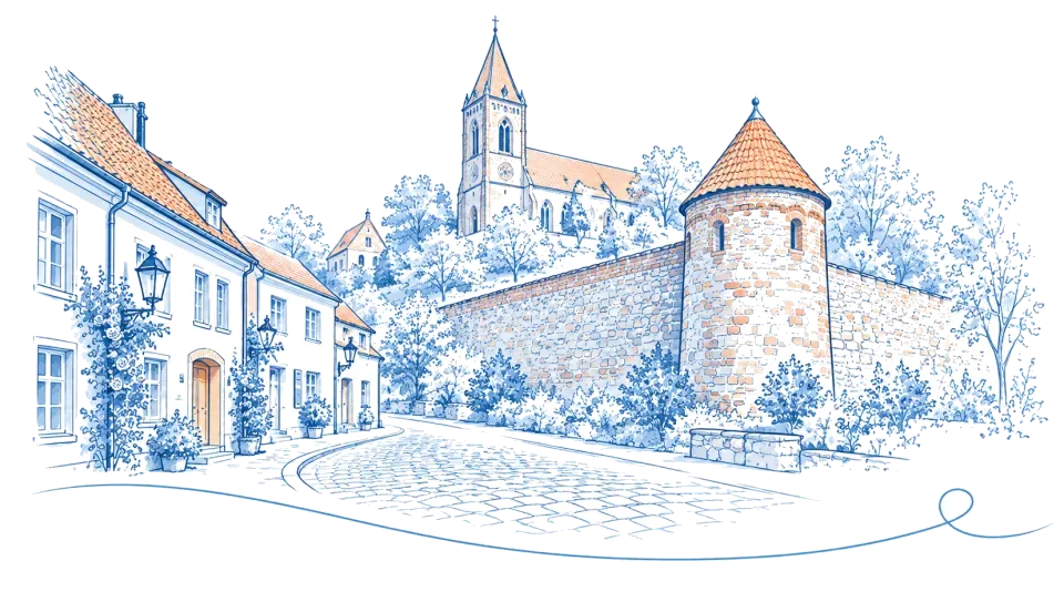 Illustration: Stadtmauer mit Rundturm und Stadtkirche auf dem Hügel in Müncheberg
