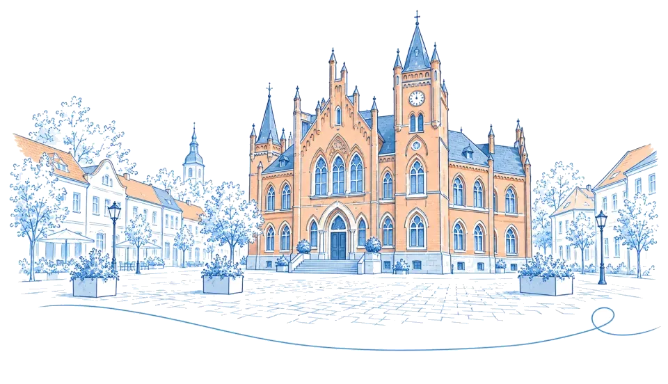 Illustration: Backstein-Rathaus mit Uhrturm am Marktplatz in Nauen