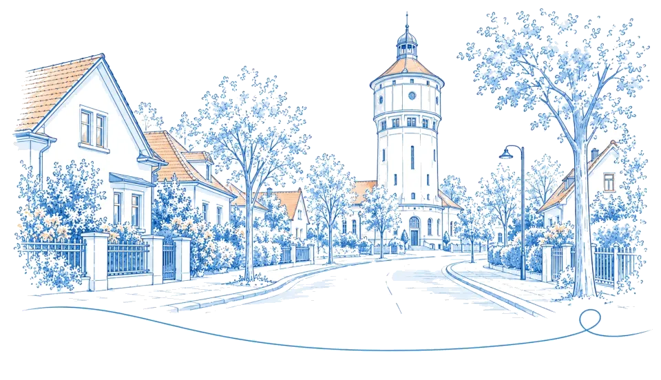 Illustration: Wasserturm über einer Wohnstraße mit Einfamilienhäusern in Neuenhagen bei Berlin