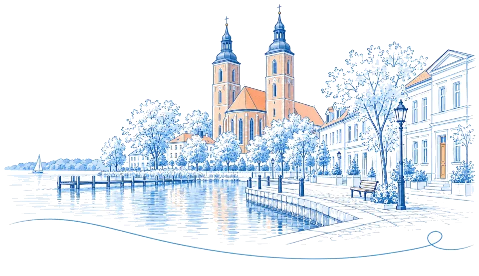Illustration: Kirche mit zwei Türmen an der Seepromenade in Neuruppin