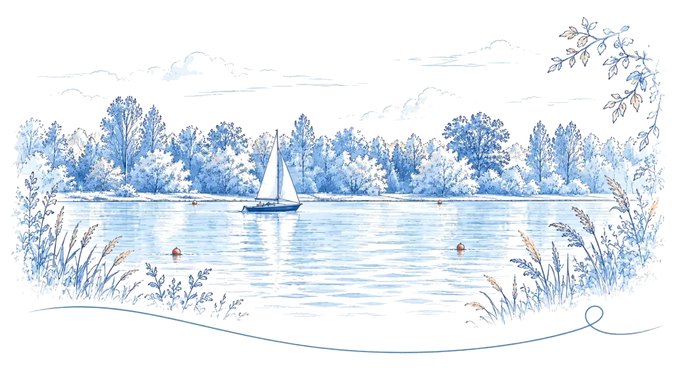 Illustration: Guggenberger See mit Segelboot bei Neutraubling