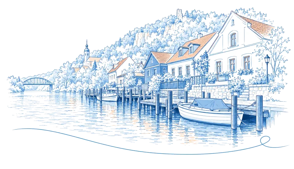 Illustration: Häuser und Bootsstege am Flussufer unterhalb bewaldeter Hügel in Oderberg