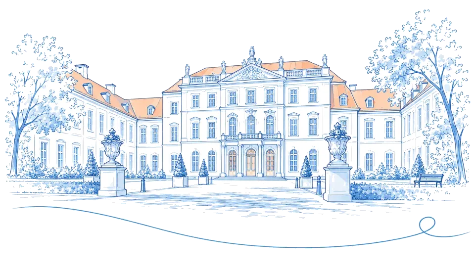 Illustration: Barockes Schloss mit Vorplatz und Gartenvasen in Oranienburg