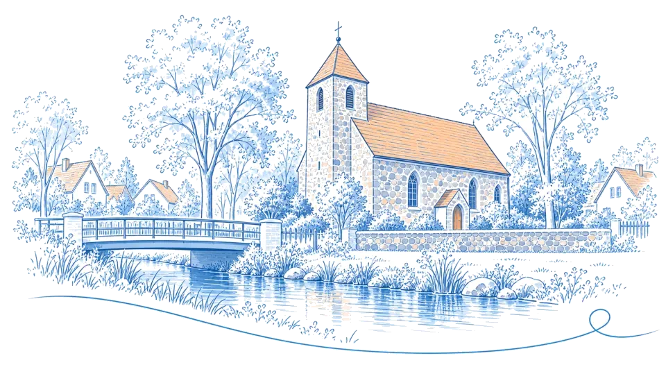 Illustration: Feldsteinkirche und Brücke über einen Bach in Panketal