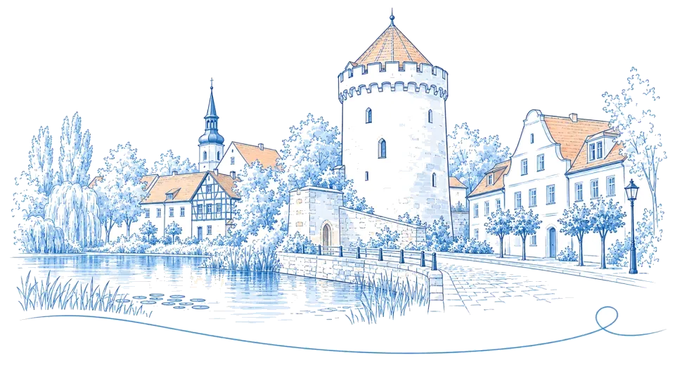 Illustration: Runder Wehrturm mit Kegeldach am Teich in Peitz