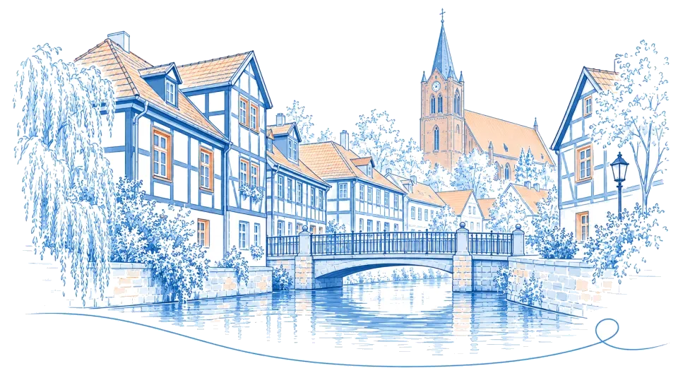 Illustration: Fachwerkhäuser und Brücke am Fluss mit Stadtkirche in Perleberg