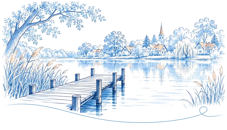 Illustration: Badesteg an einem See mit Kirchturm am Ufer in Petershagen-Eggersdorf