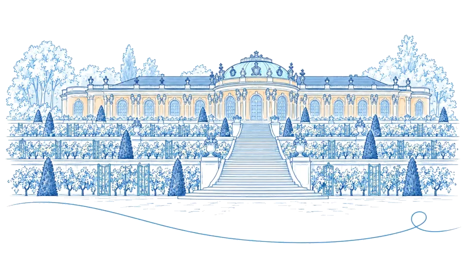 Illustration: Schloss Sanssouci mit den Weinbergterrassen in Potsdam