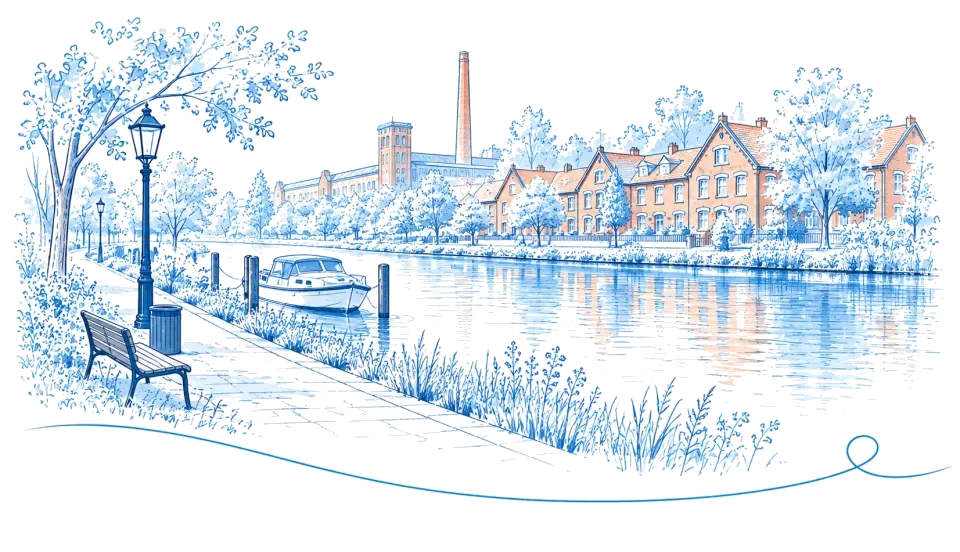 Illustration: Uferpromenade mit Boot und Industriegebäuden am Fluss in Premnitz