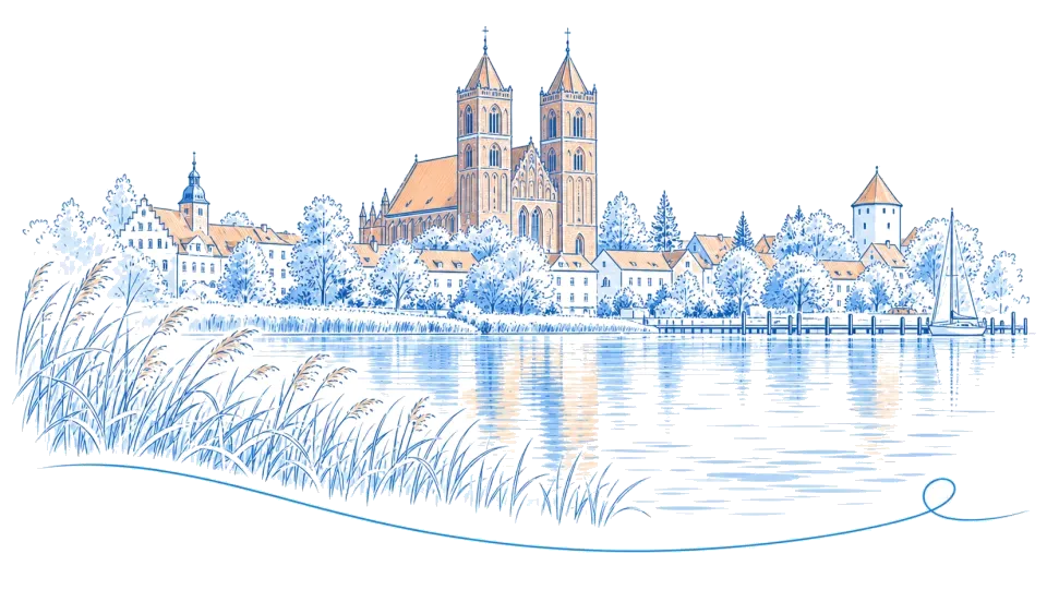 Illustration: Gotische Backsteinkirche mit Doppeltürmen am Seeufer in Prenzlau