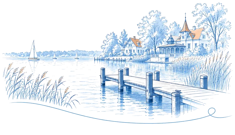 Illustration: Badesteg am See mit Segelbooten und Villen am Ufer in Rangsdorf