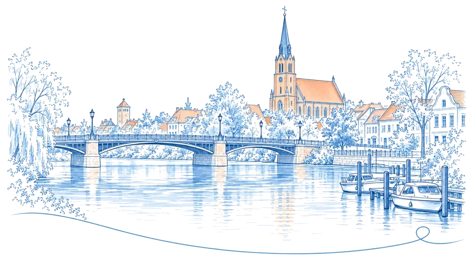 Illustration: Brücke über die Havel mit Stadtkirche und Booten in Rathenow