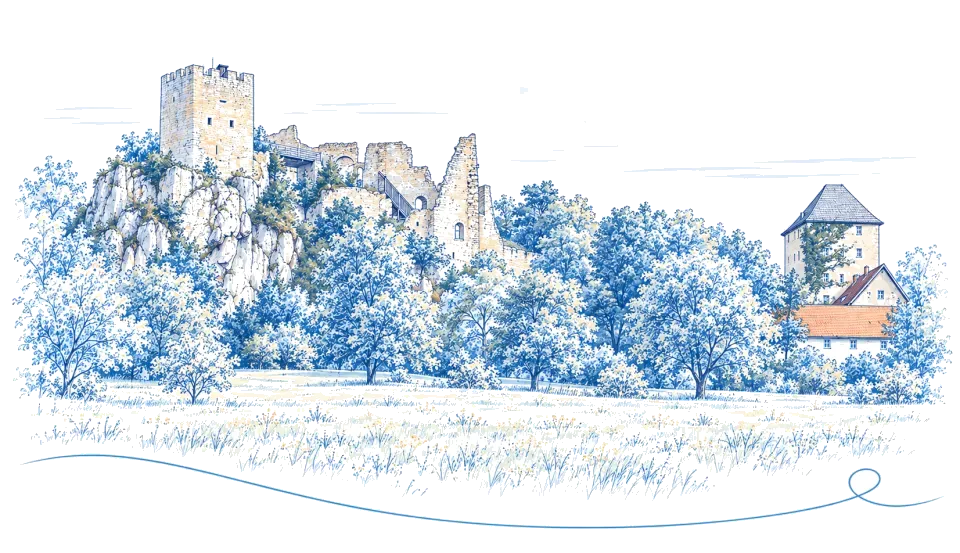 Illustration: Burgruine Weißenstein auf dem Pfahl in Regen