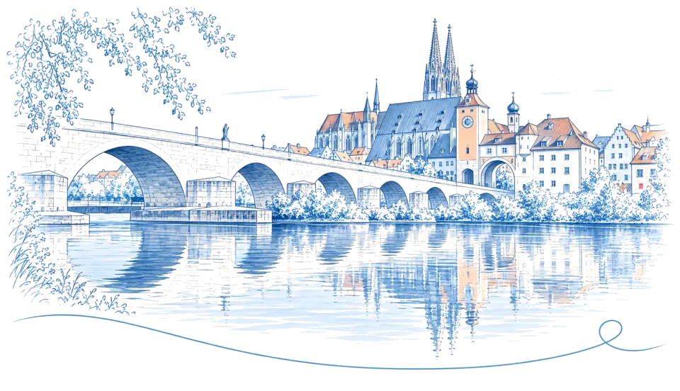 Illustration: Steinerne Brücke über der Donau mit dem Regensburger Dom im Hintergrund