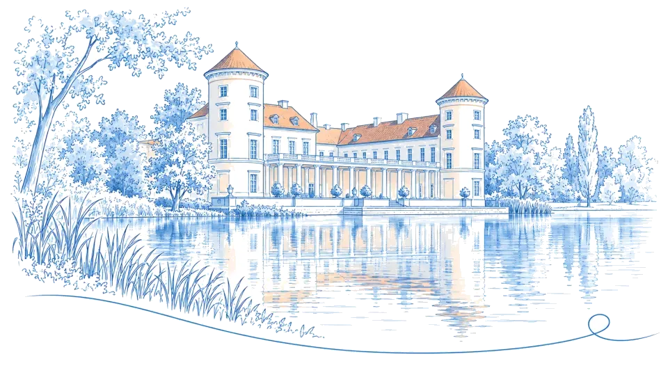 Illustration: Schloss mit zwei Rundtürmen am Seeufer in Rheinsberg