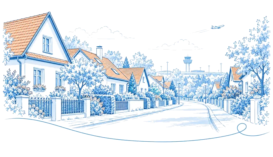 Illustration: Wohnstraße in Schönefeld, im Hintergrund der Flughafen-Tower