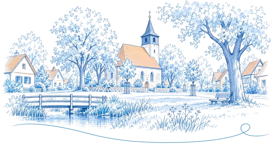 Illustration: Dorfkirche mit Holzbrücke über einen Bach in Schöneiche bei Berlin