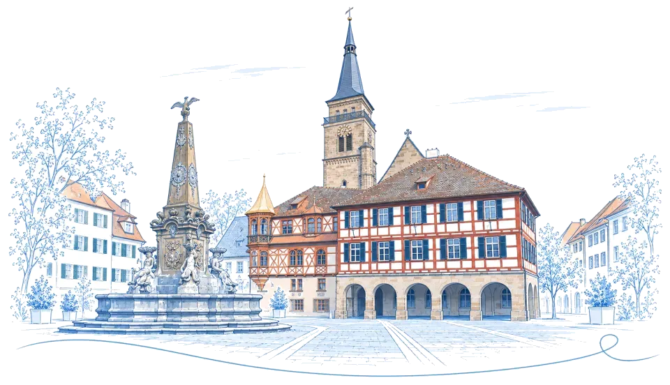Illustration: Marktplatz mit Rathaus, Stadtkirche und Schönem Brunnen in Schwabach