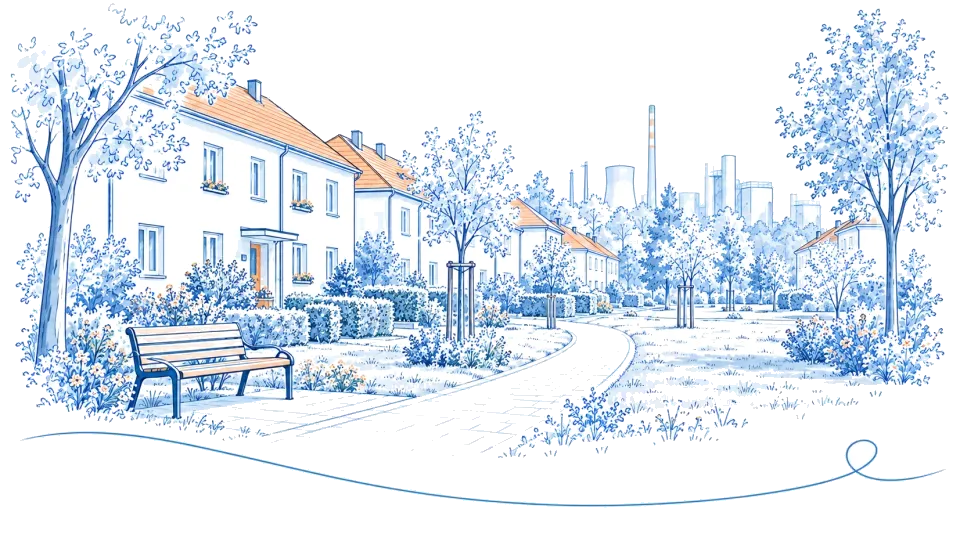 Illustration: Wohnsiedlung mit Parkbank und Industriekulisse im Hintergrund in Schwarzheide