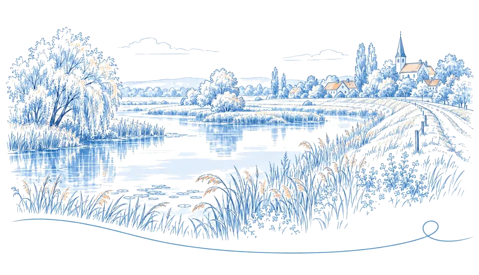 Illustration: Auenlandschaft an der Oder mit Schilf und Kirchdorf bei Schwedt/Oder