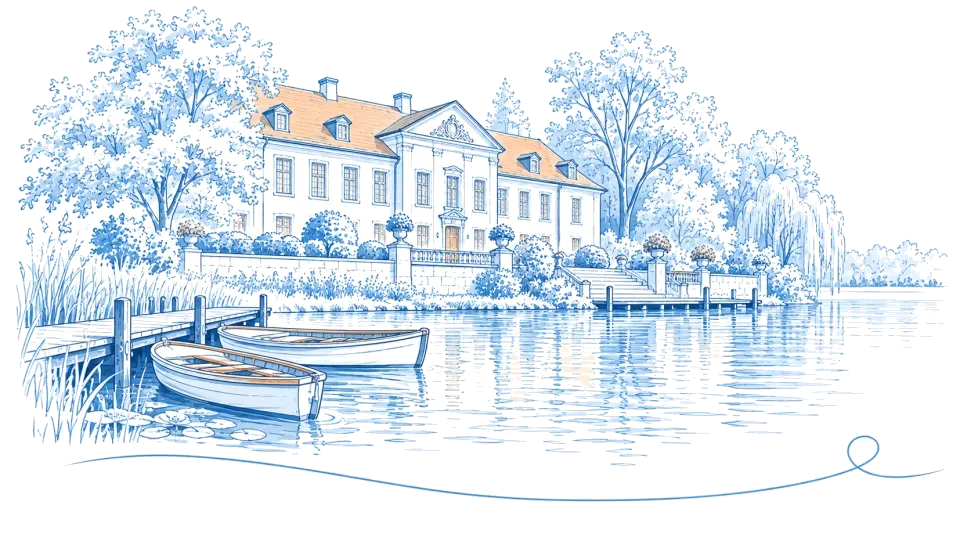 Illustration: Schloss am Seeufer mit Ruderbooten und Bootssteg am Schwielowsee