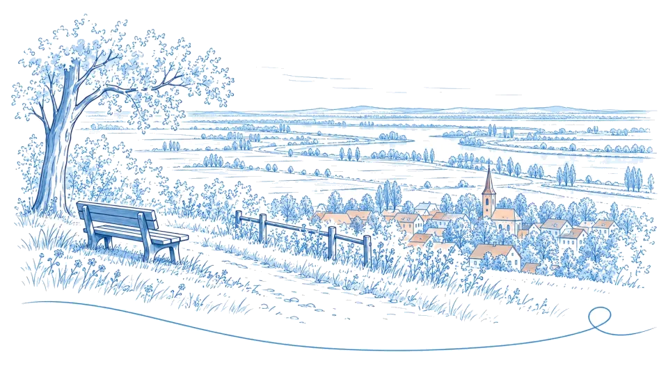 Illustration: Aussichtsbank mit Blick über das Oderbruch auf die Stadt in Seelow