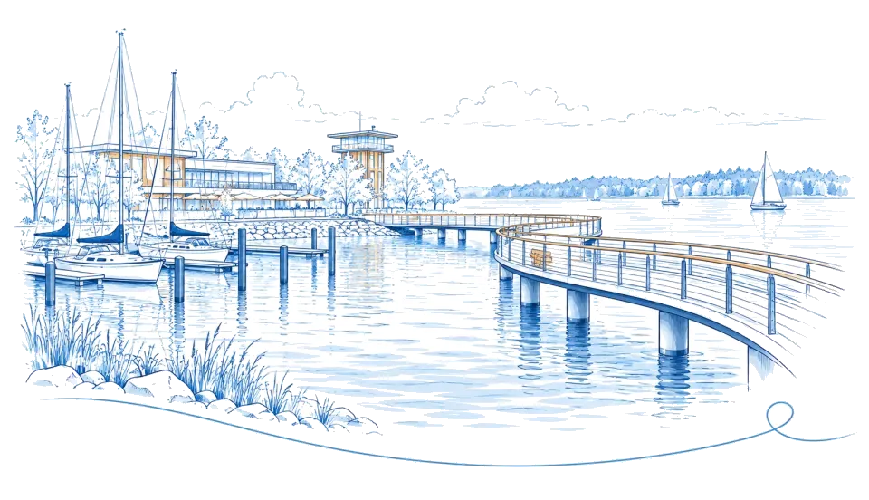Illustration: Stadthafen mit Segelbooten und geschwungener Seebrücke in Senftenberg