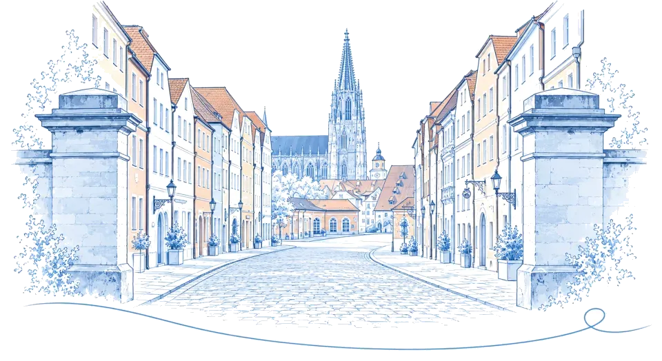 Illustration: Blick durch Stadtamhof auf die Regensburger Altstadt mit dem Dom