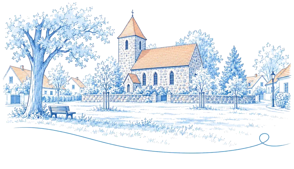 Illustration: Feldsteinkirche mit Kirchhofsmauer am Dorfanger in Stahnsdorf