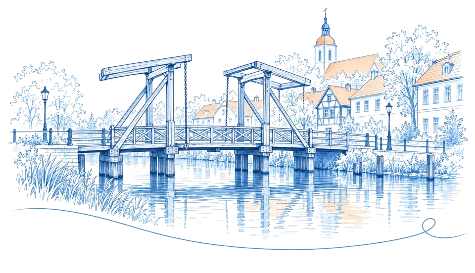 Illustration: Hölzerne Zugbrücke über den Kanal in Storkow (Mark)