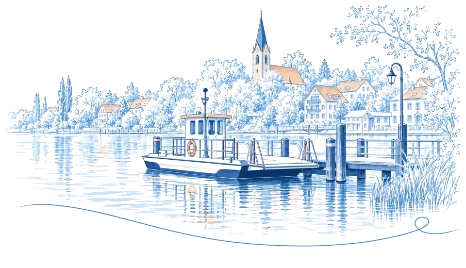 Illustration: Fähre am Bootssteg auf dem See mit Kirchturm am Ufer in Strausberg