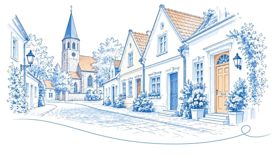 Illustration: Kopfsteinpflastergasse in der Altstadt mit Kirchturm in Teltow