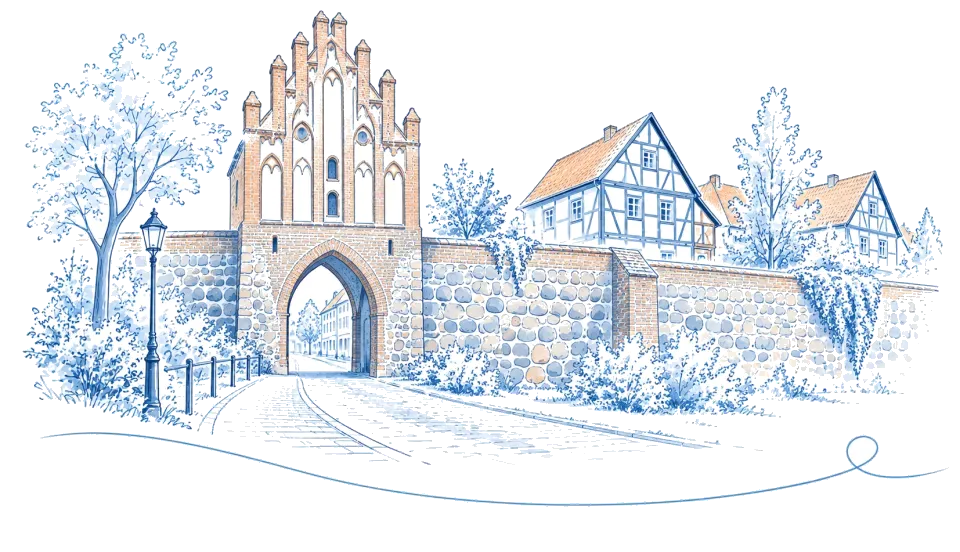 Illustration: Mittelalterliches Stadttor mit Stadtmauer und Fachwerkhäusern in Templin