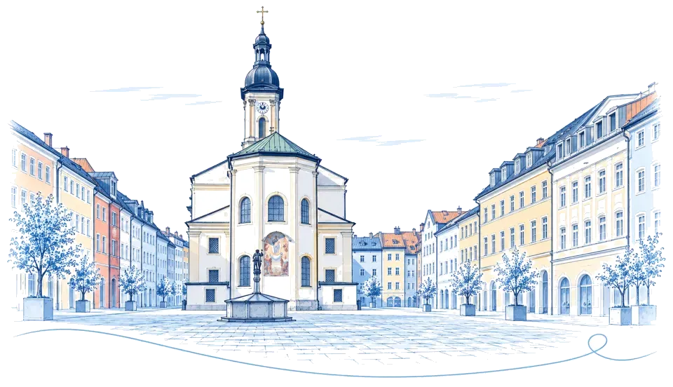 Illustration: Stadtplatz mit Stadtpfarrkirche St. Oswald in Traunstein