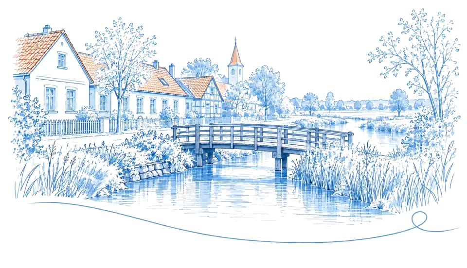 Illustration: Holzbrücke über einen Bach mit Dorfhäusern und Kirchturm in Trebbin
