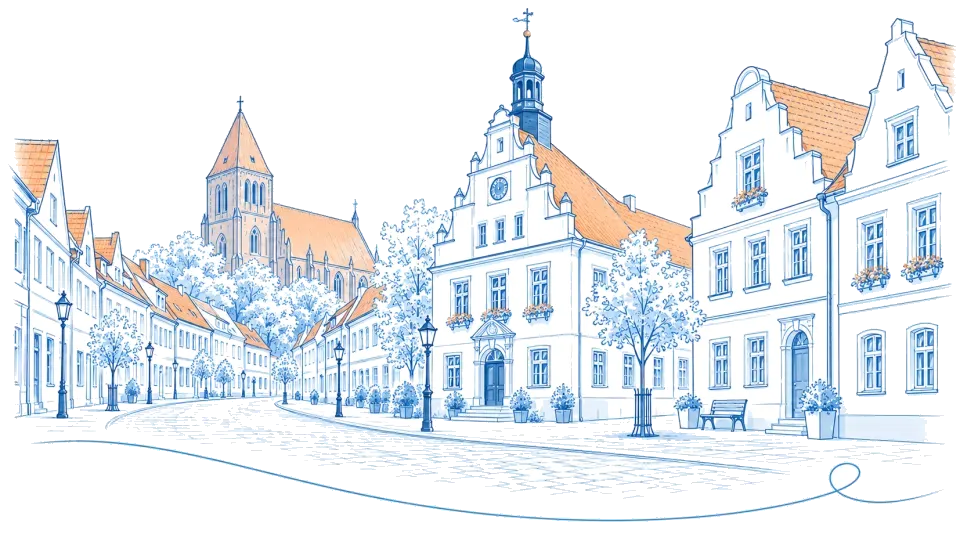 Illustration: Marktstraße mit Rathaus und gotischer Backsteinkirche in Treuenbrietzen