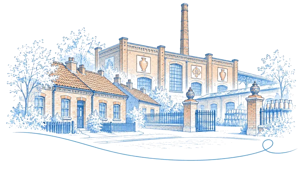 Illustration: historische Keramikfabrik mit hohem Schornstein und Vasenmotiven in Velten
