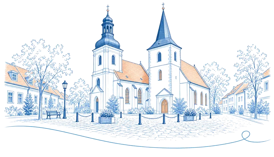 Illustration: Doppelkirche mit zwei Kirchtürmen am gepflasterten Platz in Vetschau/Spreewald